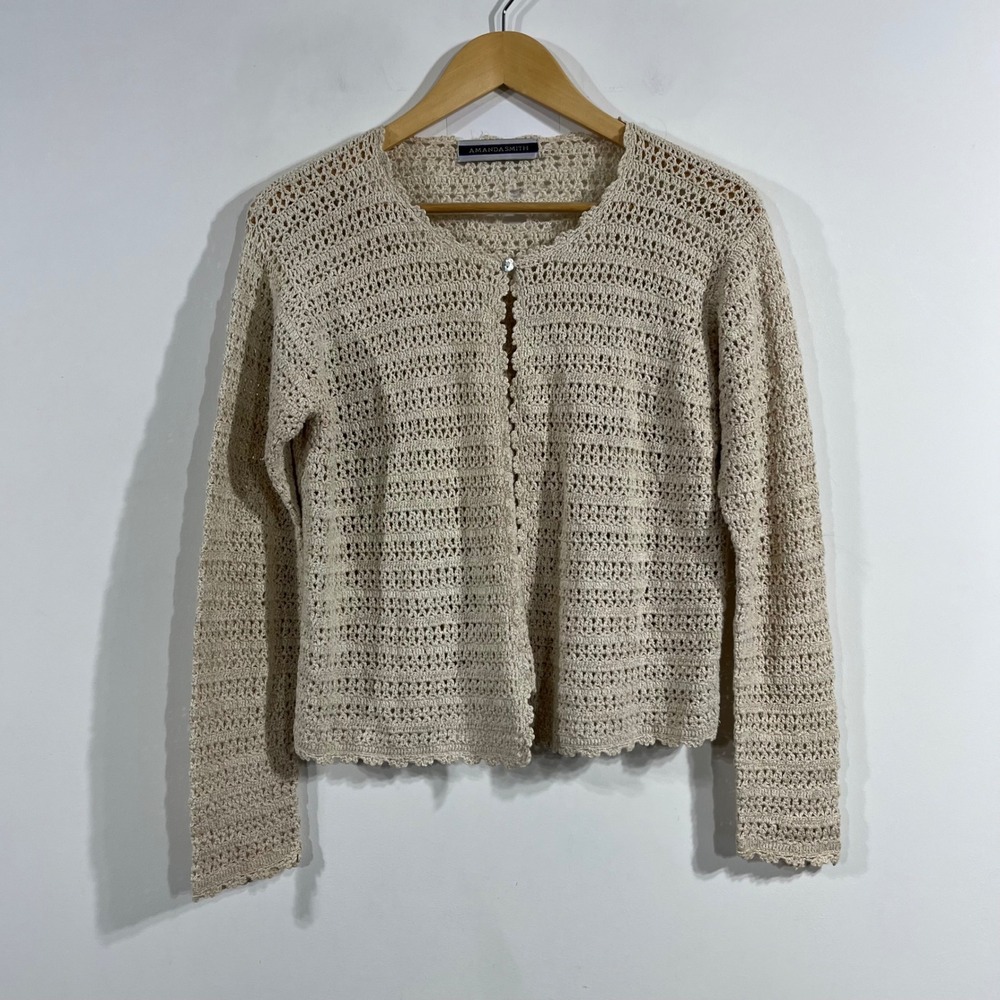 Amanda Smith VTG Boho Festival Crochet Knit Cardigan Scalloped Womens Large‎
